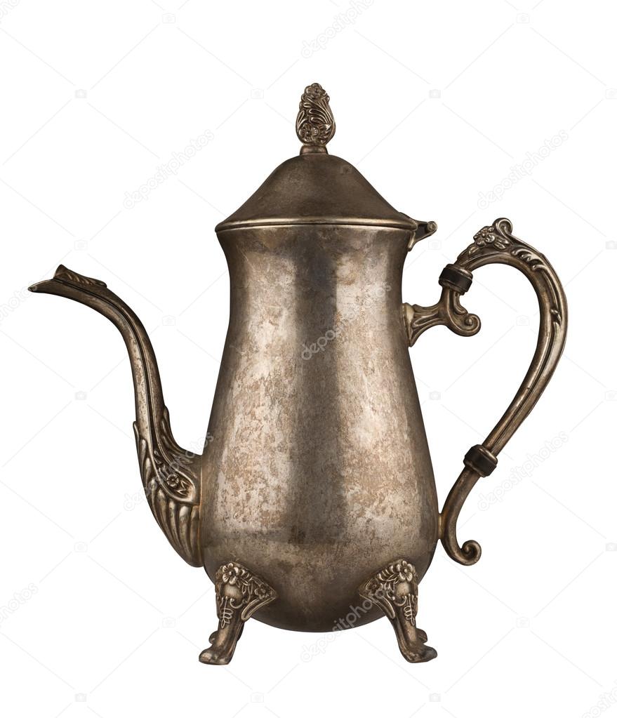 Luxury silver vintage tea kettle isolated on white Stock Photo by