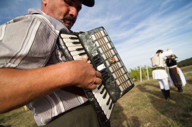 Geleneksel Jidvei mahzeninde dans kişi adil hasat