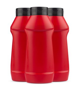 Hiçbir etiket ve siyah başlığı üç kırmızı ketçap plastik şişe