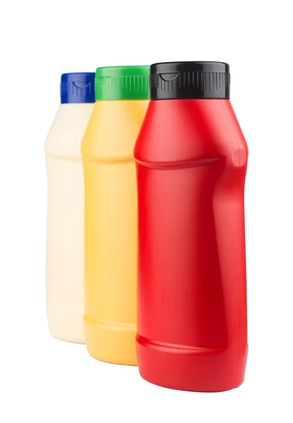 Ketchup, mayonaise en mosterd no label plastic flessen — Stockfoto