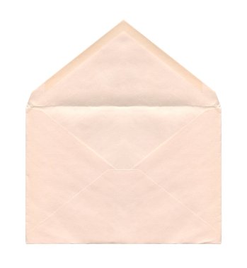 Beyaz arkaplanda izole edilmiş eski, boş bej renkli kağıt zarfın ön görünümü