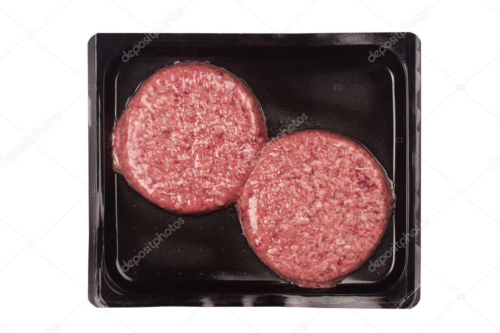 top view of burger beef meat for hamburger in vacuum plastic black packaging isolated on white background