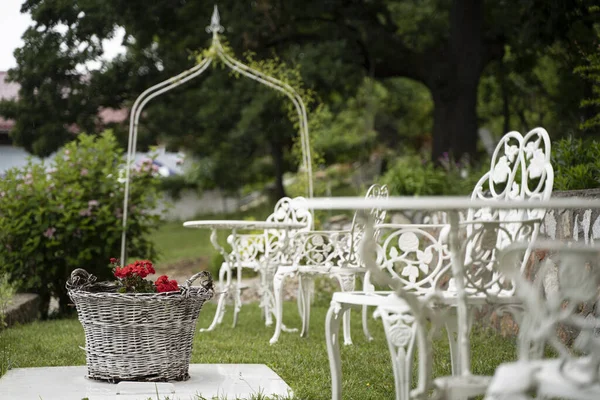 Prázdná Zelená Svatební Zahrada Červenými Květy Proutěném Koši Bílým Viktoriánským — Stock fotografie