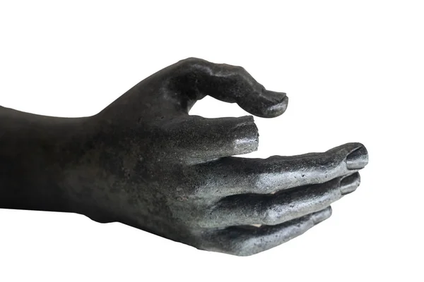 黒い大理石の像の手のフロントビューのクローズアップ骨折した人差し指が白い背景に隔離されている — ストック写真
