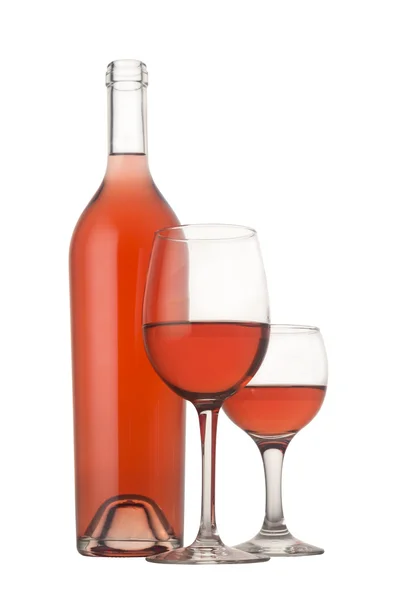 Garrafa de vinho rosa com dois copos — Fotografia de Stock