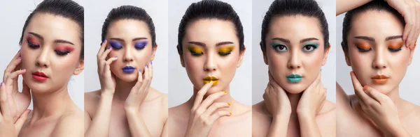 Banner Mujer Asiática Colorido Collage Maquillaje Maquillaje Cosmético Moda Sombra —  Fotos de Stock