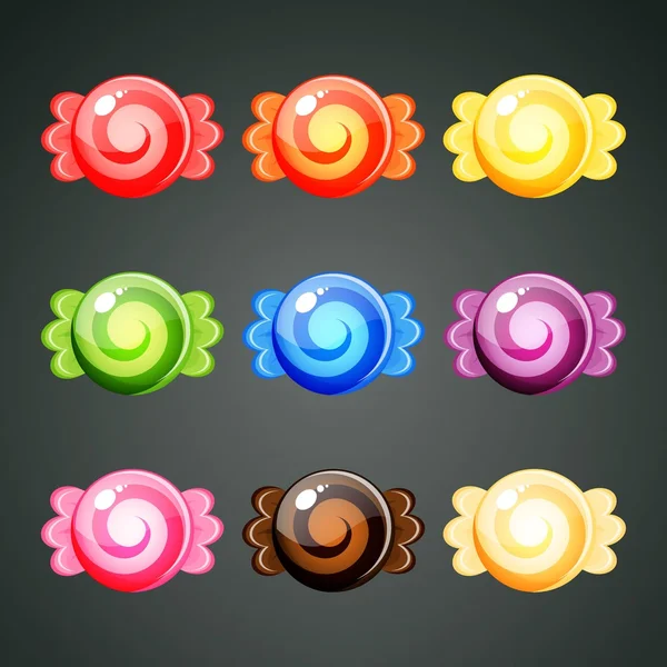 9 caramelos envueltos de colores con espiral — Vector de stock