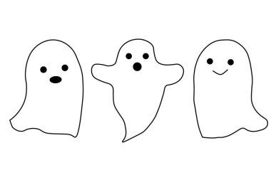  Cadılar Bayramı için siyah illüstrasyon hayaletleri. Vektör illüstrasyonu. Pankart, poster, parti davetiyesi, kartpostallar, simgeler, etiketler için kavram.