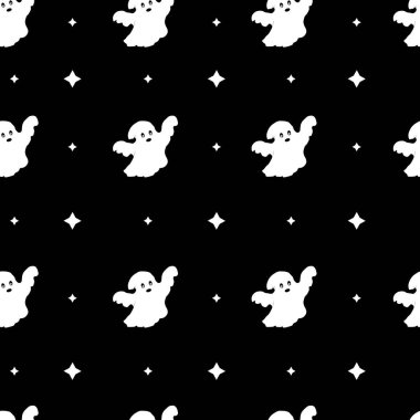 Yıldızlı gökyüzünün arka planında hayaletler olan kusursuz Cadılar Bayramı şablonu. Siyah arkaplanda Vektör İllüzyonu. Paket kağıdı, duvar kağıdı, tekstil ve fabrikalar için mutlu Cadılar Bayramı konsepti..