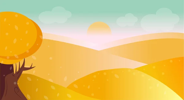 Sonbaharda fantastik panoramik kırsal manzara, sonbahar ortasında tarlaları, dağları, nehirleri, yabani otları ve sarı yaprakları olan ağaçlardan düşen manzaralar. Harikalar Diyarı 'nın sonbahar mevsiminde manzarası.