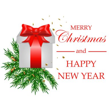  Kırmızı kurdeleli beyaz kare hediye kutusu. Beyaz arkaplanlı vektör illüstrasyonlu köknar dalları ve 