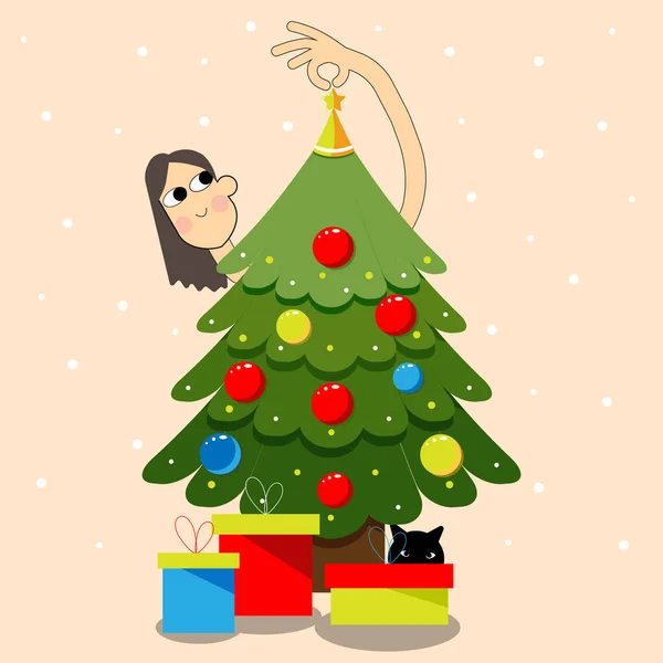 Meisje Met Een Kat Versieren Kerstboom Kerstboom Met Decoraties Geschenkdozen — Stockvector
