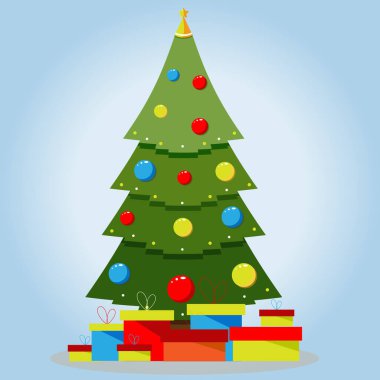 Hediye kutularıyla süslenmiş Noel ağacı, yıldız, ayrı ayrı asılı Noel topları ve çelenkler. Düz vektör illüstrasyonu.