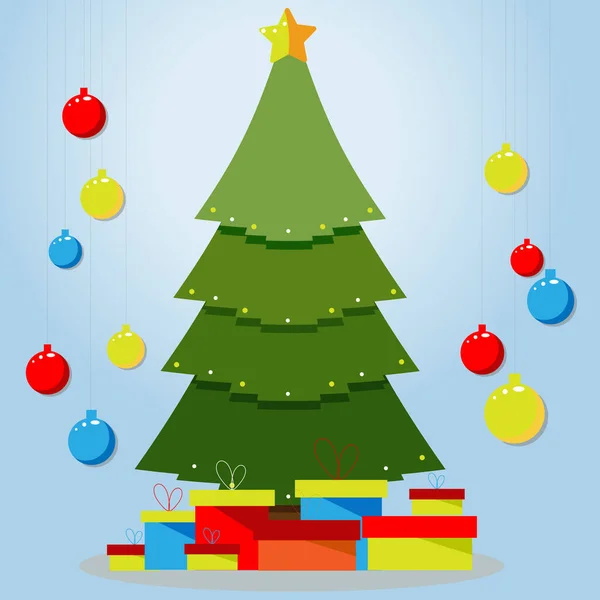 Geschmückter Weihnachtsbaum Mit Geschenkschachteln Stern Mit Separat Hängenden Weihnachtskugeln Und — Stockvektor