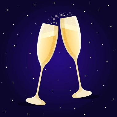 Mavi arka planda köpüklü şampanya bardakları. Vektör illüstrasyonu..