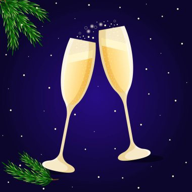 Kırmızı arka planda köpüklü iki kadeh şampanya. Vektör illüstrasyonu..