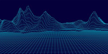 Vector dağı kablo çerçevesi. Teknoloji çokgen arazisi. Geleceksel mavi arkaplan.
