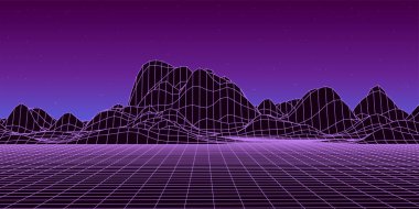 80 'lerin geçmişe dönük harika geçmişi. Gece yıldızı gökyüzü olan vektör dağı kablosu manzarası. Geleceğin menekşe neon manzarası.