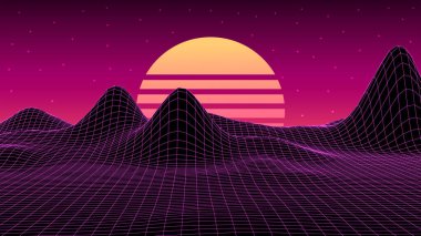 80 'lerin geçmişe dönük harika geçmişi. Gece gökyüzü ve günbatımına sahip vektör dağ teli manzarası. Geleceğin mavi neon manzarası.