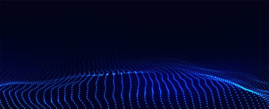 Gelecekçi teknoloji dalgası. Dijital siber uzay. Mavi zemin üzerinde hareket eden parçacıklar olan soyut dalga. Büyük veri analizleri.