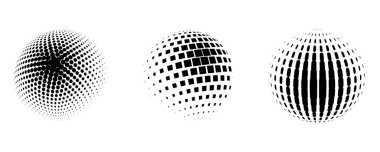 Vektör yarım ton küreleri kümesi. Siyah beyaz gradyanı olan noktalı daireler. Desen tasarım ögeleri.