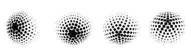 Vektör yarım ton küreleri kümesi. Siyah beyaz gradyanı olan noktalı daireler. Desen tasarım ögeleri.