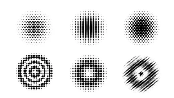 一组带圆点的矢量半色调圆 具有黑白梯度的图案设计元素 — 图库矢量图片