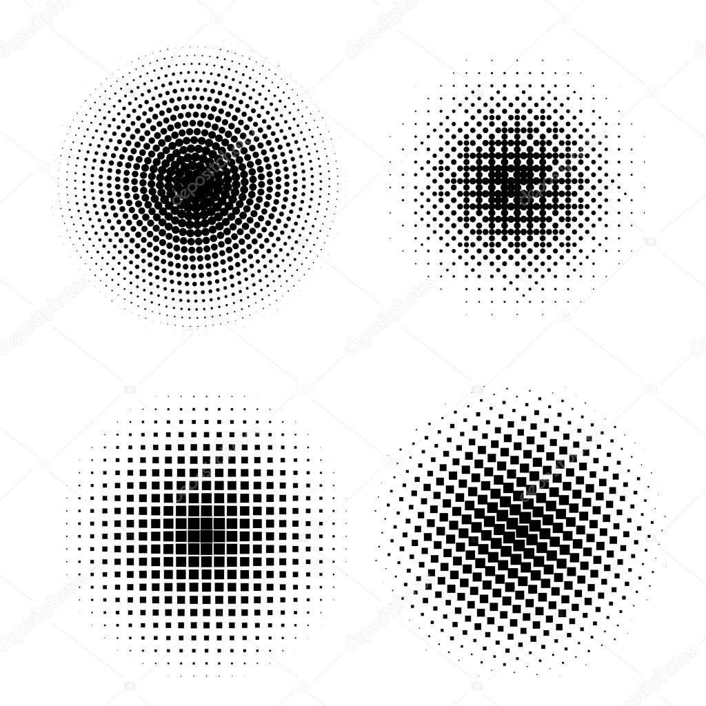 Set of vector halftone circles with dots. Pattern design elements with black and white gradient.