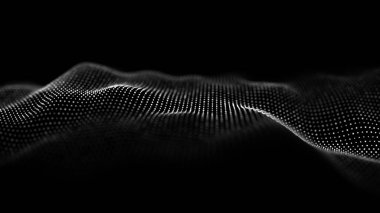 Fütürist dijital dalga. Karanlık siber uzay. Noktalı soyut dalga. Siyah zemin üzerinde beyaz hareketli parçacıklar. 3d oluşturma.