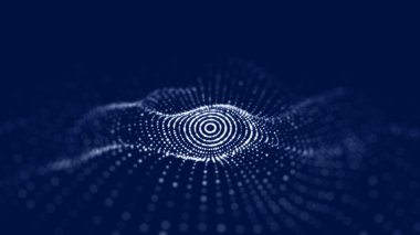 Fütürist dairesel dalga. Karanlık siber uzay. Noktalı soyut ses dalgası. Mavi arka planda beyaz hareketli parçacıklar. 3d oluşturma.