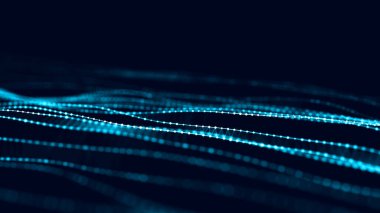 DNA 'lı moleküler arka plan. Ağ konsepti. Müzik dalgası. Büyük veri görselleştirmesi. Karanlık arkaplanda noktaları ve çizgileri birleştiren soyut arkaplan.