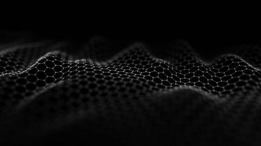 Geleceğin altıgen dalgası. Karanlık siber uzay. Noktalı ve çizgili soyut dalga. Siyah zemin üzerinde beyaz hareketli parçacıklar. 3d oluşturma.