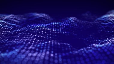 Fütürist dijital dalga. Karanlık siber uzay. Noktalı ve çizgili soyut dalga. Siyah zemin üzerinde beyaz hareketli parçacıklar. 3d oluşturma.