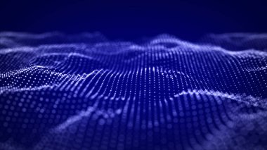 Fütürist dijital dalga. Karanlık siber uzay. Noktalı soyut dalga. Mavi arka planda beyaz hareketli parçacıklar. 3d oluşturma.