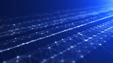 Soyut dijital akış parçacıkları. Siber ağ bağlantısı arka planı. Büyük veri görselleştirmesi. Teknoloji mavi fon. 3d oluşturma.