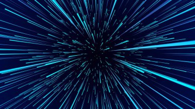 Soyut dairesel ışık hızı arkaplanı. Dinamik mavi çizgiler. Işığın gelecekteki patlaması. Renkli ışınlar hareket halinde. Büyük veri siber uzayı transferi. 3B görüntüleme.