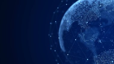 Parçacıkları ve çizgileri olan sanal gezegen Dünya. Ağ bağlantısı büyük veri. Soyut teknoloji mavi arka plan. 3B görüntüleme.