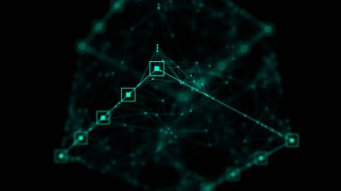 Teknoloji engelleme zinciri ağı bağlantısı. Büyük veri görselleştirmesi. Siber güvenlik geçmişi. Yeşil küp, bloktan oluşuyor. 3B görüntüleme.