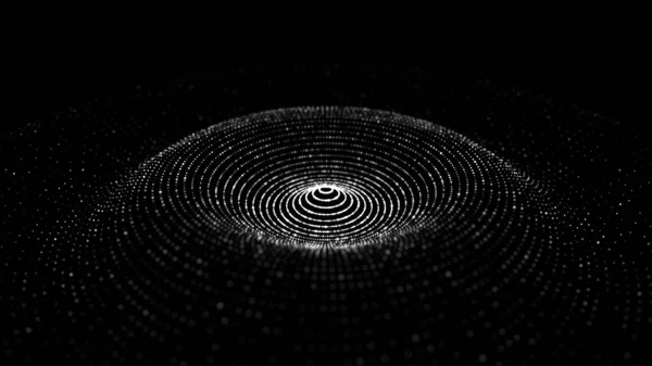 未来主义圆波 黑暗网络空间 带圆点的抽象音乐声波 黑色背景上的白色运动粒子 3D渲染 — 图库照片