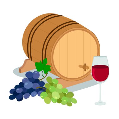 Beyaz zemin üzerinde üzüm ve şarap kadehi olan şarap fıçısı. Düz biçimli vektör illüstrasyonu.