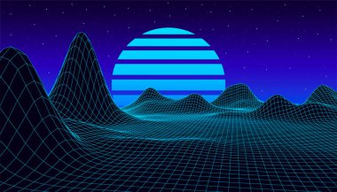 80 'lerin geçmişe dönük harika geçmişi. Gece gökyüzü ve günbatımına sahip vektör dağ teli manzarası. Geleceğin mavi neon manzarası.