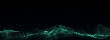 Gelecekçi teknoloji dalgası. Dijital siber uzay. Yeşil zemin üzerinde hareket eden parçacıkların olduğu soyut dalga. Büyük veri analizleri. 3d oluşturma.