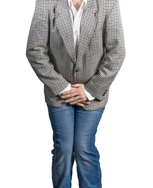 Beyaz arka plan üzerinde izole kasık ağrısı bir adam