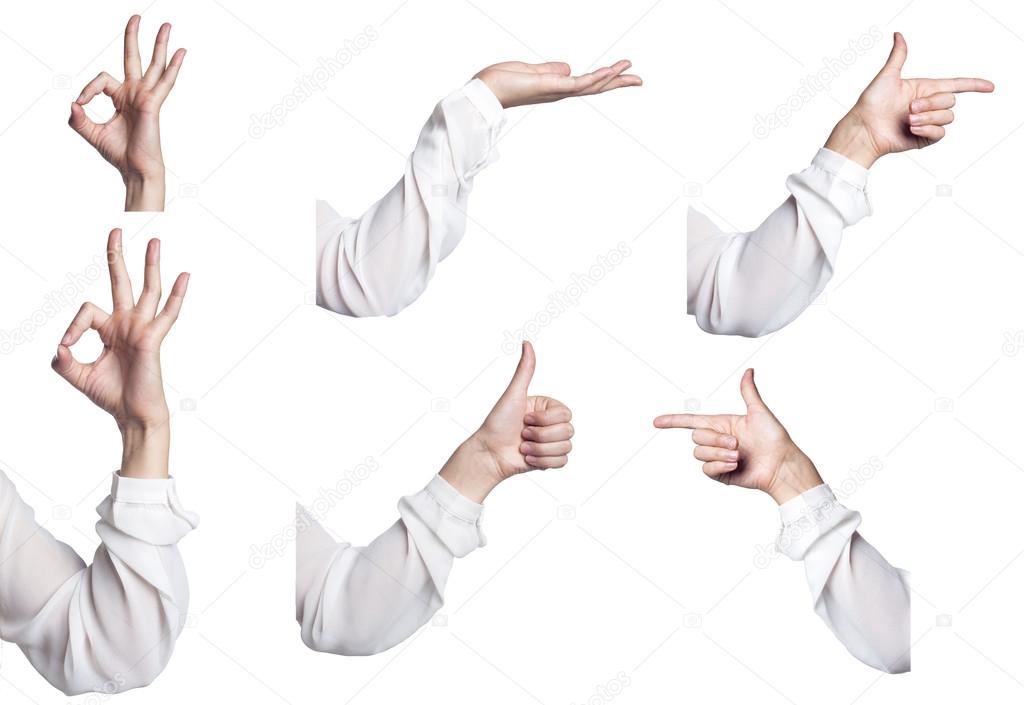 set of gesturing hands isolated on white background