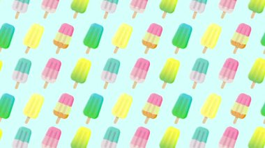 Renkli buzlu dondurma video arka planı, dondurma çubuğun üzerinde yatay olarak sağa sola hareket ediyor..