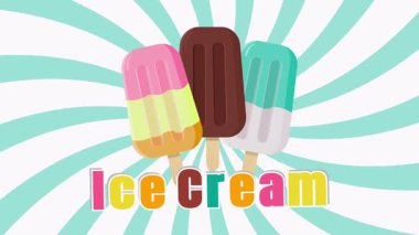 Bükülmüş mavi ve beyaz arkaplanda renkli dondurma afişi