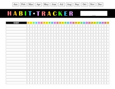 Aylık alışkanlık izleyici vektör tasarımı, gökkuşağı renkleri ve beyaz arkaplanda siyah elementler, ayların isimleri, üzerine isminizi yazmak için kopyalama alanı.
