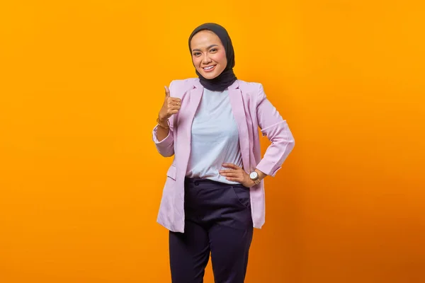 Portrait Attractive Asian Woman Smiling Showing Thumbs Yellow Background — Stock Photo, Image