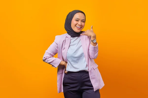 Cheerful Asian Woman Making Call Gesture Hands Isolated Yellow Background — Stock Photo, Image