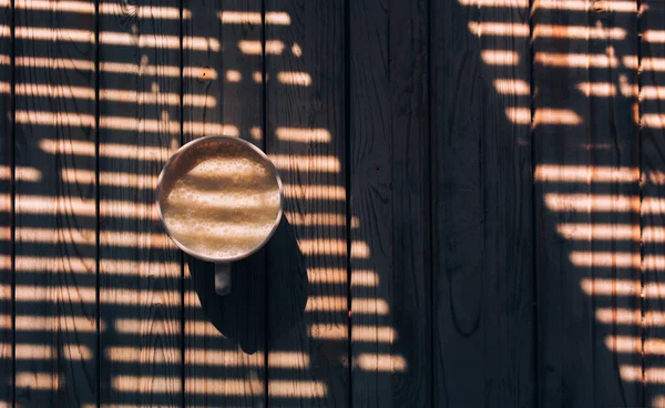 White Cup Yogurt Stands Wooden Background Shade Blinds Light Bright — Stock Photo, Image